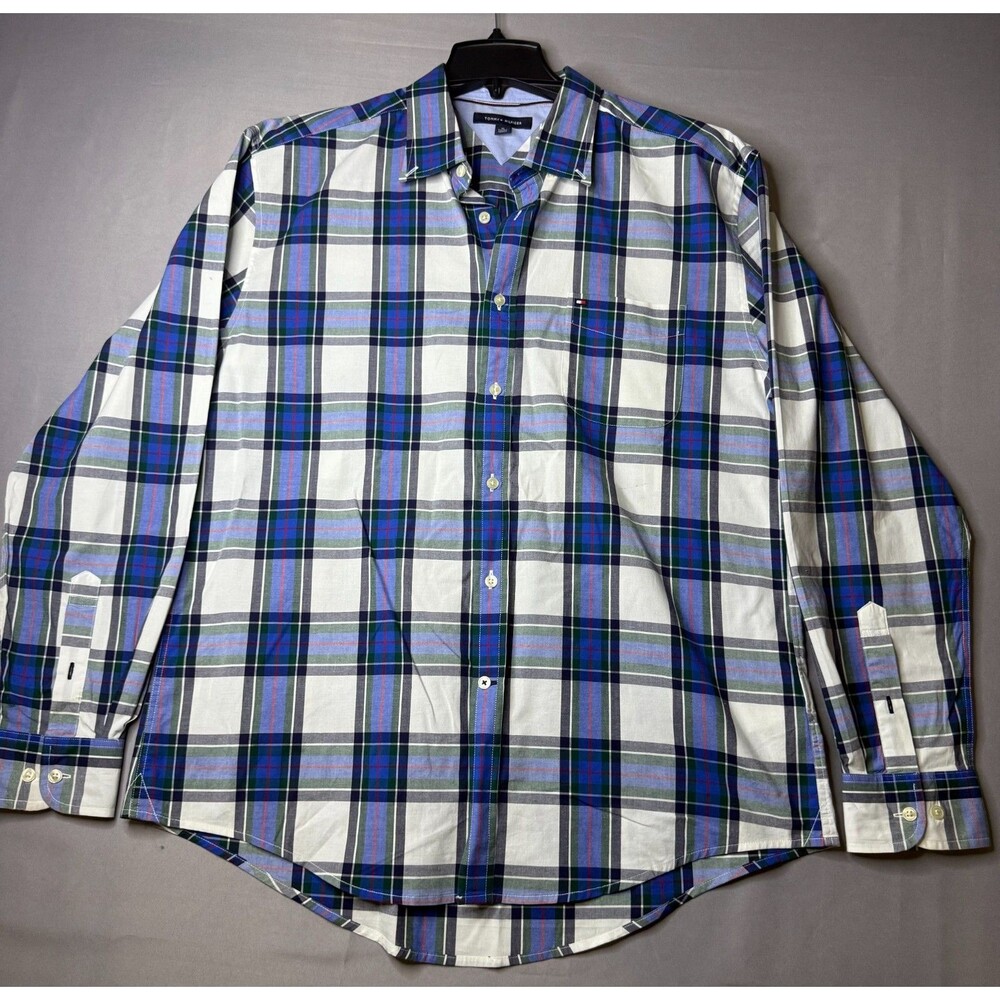 Tommy Hilfiger Retro Men XL Preppy Plaid Button Down Long Sleeve Blue Shirt